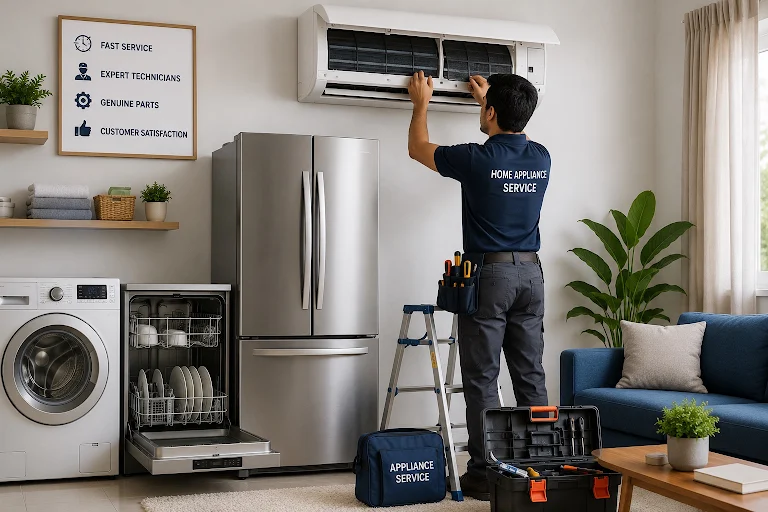 Professional appliance technician providing verified doorstep service to homeowner