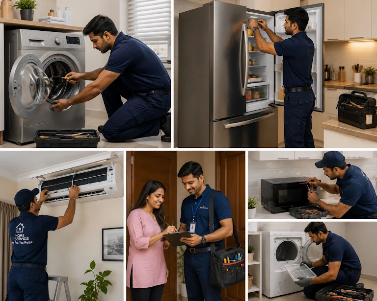 Certified technician inspecting washing machine and refrigerator electrical components
